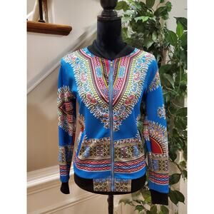 African Print Multicolor Dashiki Long Sleeve Full Zip Bomber Jacket XL